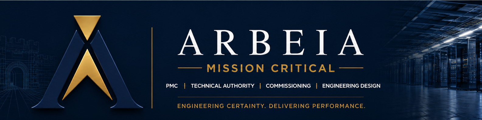 Arbeia Mission Critical branded banner showing mission-critical data centre infrastructure